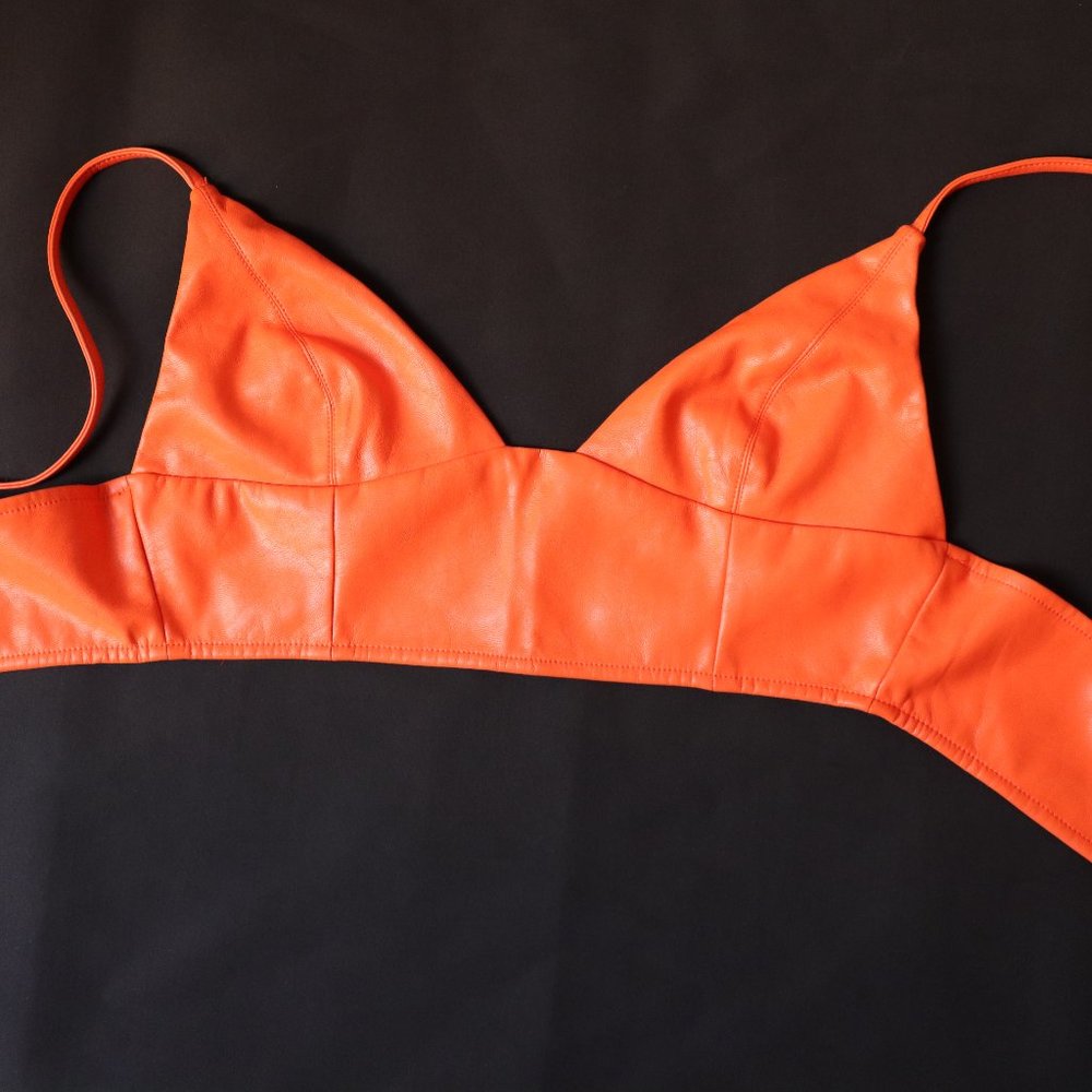 Orange Cropped Cami Top Faux Leather Bralette Back Zipper Size S